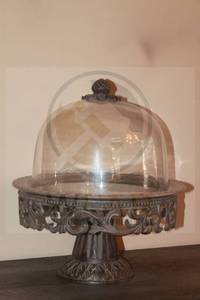lot 111 image: GERSON GLASS DOMED CAKE&nbsp PEDESTAL WITH ACANTHUS LEAF ORNATE BROWN METAL BASE AND CERAMIC 13 DIA&nbsp PLATE&nbsp X 17H&nbsp