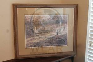 lot 124 image: RUSTIC OVERGROWN LANDSCAPE FEATURING AN OLD WOODEN FENCE AND A PATH LEADING INTO A WOODEN AREA&nbsp WATERCOLOR WALL ART INWOOD FRAME&nbsp &nbspSIGNED TRAVERS GREEN &amp NUMBERED 106205 , 30W X 25H&nbsp