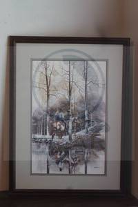 lot 128 image: SERENE WINTER LANDSCAPE FEATURING A PERSON ON HORSEBACK BESIDE A REFLECTIVE BODY OF WATER ,SURROUNDED BY TREES WESTERN WALL ART&nbsp ,SIGNED BILL JAXON IN WOOD FRAME 21W X 28H&nbsp