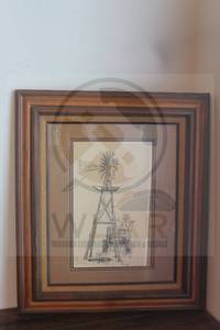 lot 132 image: 1975 OLD WINDMILL ADELL CO. FORTHWORTH SKETCHED WALL ART SIGNED GARY GORE NUMBERED 327750 IN WOOD FRAME 24 X 27H&nbsp