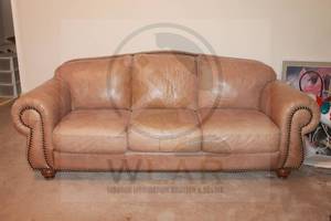 lot 158 image: GENUINE LEATHER STATIONARY SOFA WITH NAILHEAD DETAILING&nbsp
