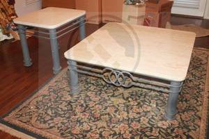 lot 237 image: 1980S POSTMODERN&nbsp THICK MARBLE TOP ON WROUGHT IRON BASE COFFEE TABLE &amp MATCHING&nbsp SIDE TABLE  HEAVY BRING HELP&nbsp