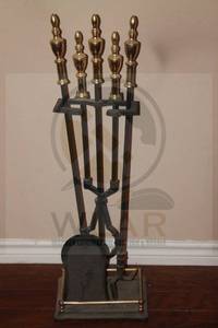 lot 249 image: ANTIQUE 3PC FIRE PLACE TOOL SET WITH STAND- , POKER, TONGS AND SHOVEL&nbsp