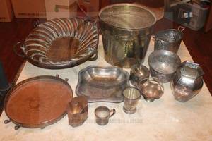 lot 250 image: LOT 12 BRASS AND SILVER PLATED SERVING TRAY, FLOWER POT AND MORE SEE PICS