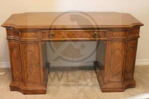 lot 223 image: VINTAGE THOMASVILLE WALNUT AND BURLWOOD INLAID DESK WITH BUILTIN BOOKCASE STORAGE COMPARTMENT&nbsp WITH EARLY&nbsp 19TH CENTURY ANTIQUE CARVED MAHOGANY&nbsp UPHOLSTERED ROUND SEAT SIDE CHAIR ,SEE PICS&nbsp  BRING HELP&nbsp