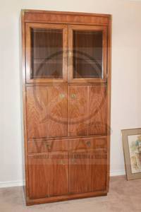 lot 224 image: VINTAGE THOMASVILLE CAMPAIGN SOLID PECAN WOOD CABINET WOTH BRASS CORNERS AND RECESSED PULLS&nbsp &amp&nbsp BOTTOM 2-DOOR STORAGE  SEE PICS  BRING HELP&nbsp