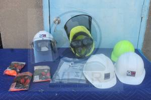 lot 156 image: TOTAL OF 5 SAFETY HARD HATS WITH SHIELDS AND WITHOUT&nbsp &amp&nbsp 3-GAME WINNER ORANGE MEN MESH SAFETY VEST  SEE PICS&nbsp