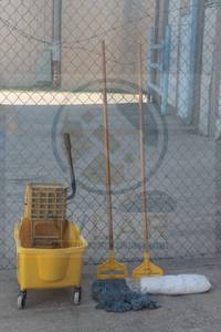 lot 157 image: RUBBERMAID COMMERCIAL MOP BUCKET WITH 2&nbsp WOOD HANDLE MOPS AND a&nbsp NEW POLLOCK MOP HEAD REFILL