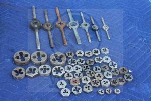 lot 60 image: TOTAL OF 7 ASSORTED BRAND DIE HANDLE STOCK WRENCHES WITH GENEROUS AMOUNT OF ASSORTED SIZE DIE THREADS  SEE PICS&nbsp