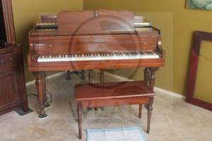 lot 6 image: VINTAGE WOOD 1900S THE PREMIER GRAND PIANO CORPORATION IN NEW YORK UPRIGHT BABY GRAND PIANO WITH VINTAGE WOOD PIANO STORAGE BENCH &amp LOT OF&nbsp MUSIC SHEET BOOKS  SEE PICS&nbsp