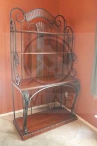 lot 10 image: ASHLET FURNITURE&nbsp ST.LAURET&nbsp D445-76&nbsp , 4-TIER BROWN WOOD&nbsp FINISH AND WROUGHT IRON BAKERS RACK , 44 W X 21 D X 79H  BRING HELP  MATCH # 11&nbsp