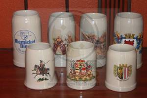 lot 12 image: TOTAL OF 6 VINTAGE ASSORTED COLLECTION OF&nbsp GERMAN BEER STONEWARE STEINS&nbsp 1 LITER AND 0.5 LITERS - HIERNICKEL,COACH AND HORSES,WATTEAU SCENE , VORARLBERG, COAST OF ARMS OF BAVARIA,STAFFORDSHIRE,OBEROSTERREICH
