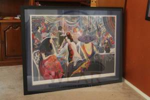 lot 14 image: ISAAC MAIMON LARGE COLOR SERIGRAPH&nbsp  BALLROOM DANCING WALL ART SIGNED AND NUMBERED AP650 IN BLACK FRAME  43H X 56  SEE PICS&nbsp