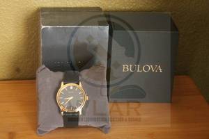 lot 44 image: BULOVA 97F55 BLACK LEATHER BAND MEN WRIST WATCH IN ORIGINAL BOX  SEE PICS&nbsp