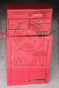 lot 134 image: ALLTRADE INC 2-PC RED TOOL CHEST WITH BOTTOM STORAGE , CONTENTS INCLUDED  SEE PICS , 18&nbsp W X 11 12 D X 34 H&nbsp