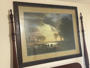 lot 19 image: 1860S  THE BUFFALO TRAIL WALL ART SIGNED BY GERMAN-AMERICAN ARTIST ALBERT BIERSTADT IN WOOD FRAME  43 W X 57 H  SEE PICS&nbsp