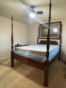 lot 20 image: VINTAGE 18TH-CENTURY SOLID MAHOGANY QUEEN SIZE RICE CARVED&nbsp MOTIF WITH FINIALS FOUR - POSTER&nbsp BED &nbsp 90L X 66W X 87H  BRING HELP SEE VIDEO ATTACHED