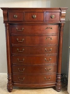 lot 73 image: SOLID CHERRY WOOD 9-DRAWER CHEST OF DRAWERS MADE IN VIETNAM , MATCH # 72  SEE PICS ,BRING EXTRA HELP REMOVING ITEM SEE VIDEO ATTACHED