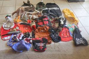 lot 185 image: LOT OF ASSORTED COLLECTION OF SMALLMEDIUM&nbsp DOG COSTUMES ,RAINCOAT,SHEARLING COATS,LIFE JACKET,JERSEY,CLOTHING,CHEW TOYS&nbsp AND MORE  SEE PICS&nbsp