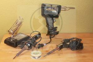 lot 230 image: TOTAL OF 3 ASSORTED BRAND SOLDERING IRON GUN WITH ARCHER SOLDERING IRON STAND&nbsp AND SPOOL OF SOLDERING IRON&nbsp