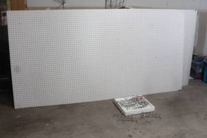 lot 312 image: TOTAL OF 2 VERY LARGE 8FT&nbsp &nbspX 4FT&nbsp &nbspPEGBOARDS WITH LOT OF ASSORTED&nbsp PEG HOOKS CLIPS&nbsp