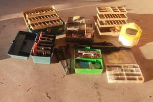 lot 318 image: LOT OF ASSORTED FISHING SUPPLIES , TACKLE BOXES- PLANO, FENWICK ,FRABILL FLOW TROLL , LURES , BAIT AND MORE&nbsp