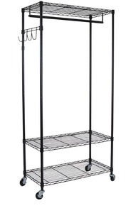 lot 164 image: HEAVY DUTY ROLLING 3-TIER ROLLING STORAGE GARMENT RACK WITH ADJUSTABLE SHELVES AND HOOKS ON WHEELS&nbsp