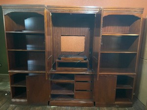 lot 278 image: VINTAGE&nbsp WOOD WALL UNIT ENTERTAINMENT CENTER WITH BRASS HARDWARE SHELVES AND BOTTOM&nbsp 2-DOOR STORAGE CABINET  BRING EXTRA HELP&nbsp SEE VIDEO ATTACHED
