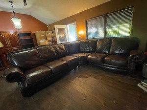 lot 279 image: BROWN GENUINE FULL GRAIN LEATHER THREE SECTION SECTIONAL&nbsp SOFA&nbsp WITH NAILHEAD TRIM BRING EXTRA HELP SEE PICS&nbsp &nbspSEE VIDEO ATTACHED