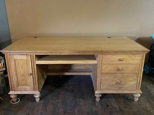 lot 281 image: SOLID WOOD HOME OFFICE EXECUTIVE WITH KEYBOARD TRAY &amp&nbsp DOUBLE PEDESTAL DESK WITH THREE DRAWERS AND SIDE CABINET 74 W X 3FT D X 31H  BRING EXTRA HELP&nbsp SEE VIDEO ATTACHED