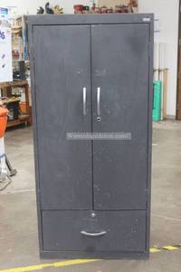 lot 10 image: SANDUSTY&nbsp CHARCOAL METAL STORAGE&nbsp CABINET WITH BOTTOM DRAWER STORAGE&nbsp , MC-1058 ,&nbsp 30W X 18 D X 64 H&nbsp  SEE PICS&nbsp