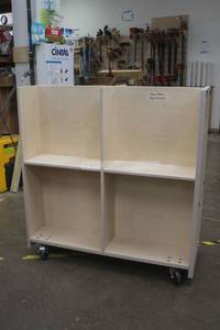 lot 11 image: COMMERCIAL HEAVY DUTY WOODEN&nbsp DOUBLE SIDED 2-TIER SHELVING STORAGE CABINET ON CASTERS&nbsp ,&nbsp 4FT WIDE&nbsp X 20 X 50H&nbsp