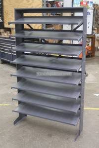 lot 68 image: INDUSTRIAL 8- SLOPED SHELVES PICK RACK SHELVING UNIT  SEE PICS  GREEN BINS NOT INCLUDED , CAN BE USED WITH LOT # 69&nbsp