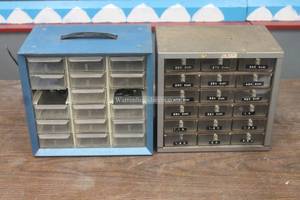lot 95 image: TOTAL OF 2 METAL SMALL PARTS HARDWARE STORAGE WALL CONTAINERS , AKRO&nbsp 10 W X 6 12 X 9H&nbspKABINETTE&nbsp 10W X 6 12 X 9H&nbsp