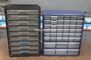 lot 96 image: TOTAL OF 2&nbsp PLASTIC SMALL PARTS HARDWARE STORAGE CONTAINER , BLACK 9 DRAWER&nbsp 12 W X 5 12 19H&nbsp &amp&nbsp BLUE 42 DRAWER&nbsp 15W X 6 X 17 H&nbsp &nbsp SEE PICS&nbsp