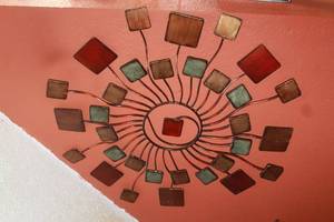 lot 72 image: ADOLFO MULTI COLORED&nbsp LARGE 30&nbsp METAL SUNBURST WITH SQUARE PANEL ACCENT ABSTRACT WALL ART SCULPTURE&nbsp