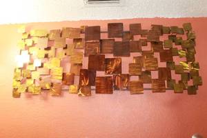 lot 74 image: MID CENTURY MODERN VINTAGE BRUTALIST METAL WALL SCULPTURE DECOR , 45 W X 18H&nbsp