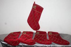 lot 87 image: TOTAL OF 5 SANTAS BEST VELVET LARGE 17 CHRISTMAS STOCKINGS WITH GOLD EMBROIDERED DETAIL  SEE PICS&nbsp
