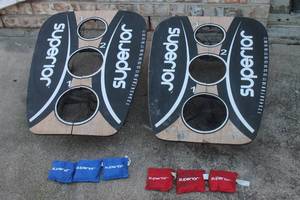 lot 117 image: SET OF TWO SUPERIOR&nbsp THREE HOLE CORNHOLE FOLDABLE BOARDS AND ACCOMPANYING 6-BEAN BAGS TOSS GAME&nbsp
