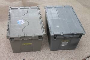 lot 149 image: TOTAL OF 2 GREY PLASTIC FLIPAK STACK -N- NEST&nbsp STORAGE TOTES , 21&nbsp