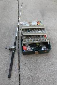 lot 162 image: GARCIA GK-62 REEL WITH WHITE HAWK ROD &amp PLANO&nbsp 6803 TACKLE BOX WITH CONTENTS  SEE PICS&nbsp