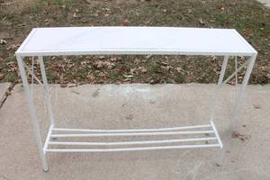 lot 9 image: WIMARSBON WHITE METAL FRAME FAUX MARBLE 2-TIER NARROW CONSOLE ENTRY SOFA TABLE  30.5H X 11.5 W X 41.9 L
