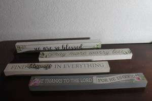 lot 116 image: TOTAL OF 4 INTERIORS BY DESIGN INSPIRATIONAL RELIGIOUS PHRASES LONG WOODEN&nbsp TABLE PLAQUES , 17.5L&nbsp