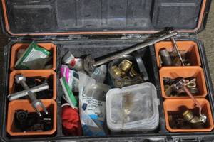 lot 196 image: VARIOUS PLUMBING VALVES CONNECTSCRIMP RINGS&nbsp AND HARDWARE PARTS INCLUDING HUSKY BASIN WRENCH &amp 4-WAY PLUG WRENCH IN RIDGID CARRY CASE  SEE PICS&nbsp