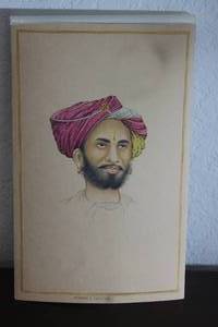 lot 203 image: VINTAGE TURBAN O UDIPUR HAND ART PAINTING ON PAPER&nbsp WITH OLD HAND WRITTEN URDU SCRIPT&nbsp DOCUMENT LETTER WITH SIGNATURES &amp RED STAMP DATED NOV 18TH 1907 ON BACK OF ART &nbsp 12 X 7 12 SEE PICS&nbsp