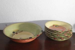 lot 246 image: 9-PIECE STONELITE CLAY ART OLIVIA ITALIANA LARGE SALAD BOWL 13 AND 8- PASTA SERVING BOWLS 9&nbsp