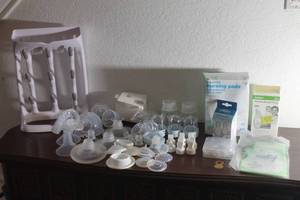 lot 8 image: MISC COLLECTION OF BREAST PUMP EQUIPMENT AND ACCESSORIES - BOTTLE DRYING RACK&nbsp , NURSING PADS SILICONE BREAST PUMPSTORAGE BAGSBOTTLE NIPPLESPUMP FLANGESBREAST SHIELD PUMP  SEE PICS&nbsp