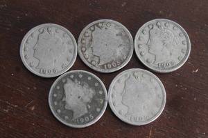 lot 76 image: TOTAL OF 5 - 1905 LIBERTY HEAD V NICKELS&nbsp