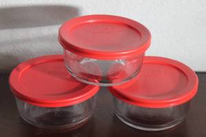 lot 106 image: TOTAL OF 3 PYREX SIMPLY ROUNG GLASS 2-CUP RED LID&nbsp FOOD STORAGE CONTAINERS&nbsp