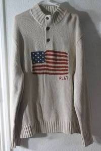lot 190 image: POLO&nbsp RALPH LAUREN&nbsp COTTON SWEATER FEATURING A PROMINENT ICONIC&nbsp AMERICAN FLAG DESIGN UNISEX&nbsp SIZE XXL NEVER WORN WITHOUT TAGS&nbsp